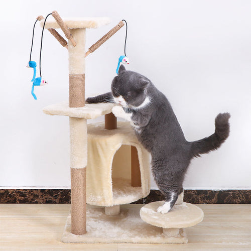 Multi-Layer Cat Tree & Sisal Scratching Post – Interactive Activity Center with Hanging Toys and Cozy Condo