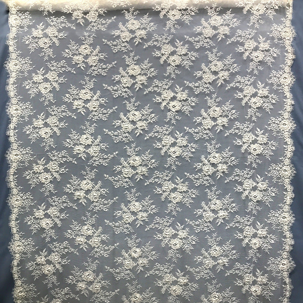 Beaded Chantilly Embroidered Lace Fabric with Eyelash Scallop - 3 Yards | Lace USA - 68139W-BP