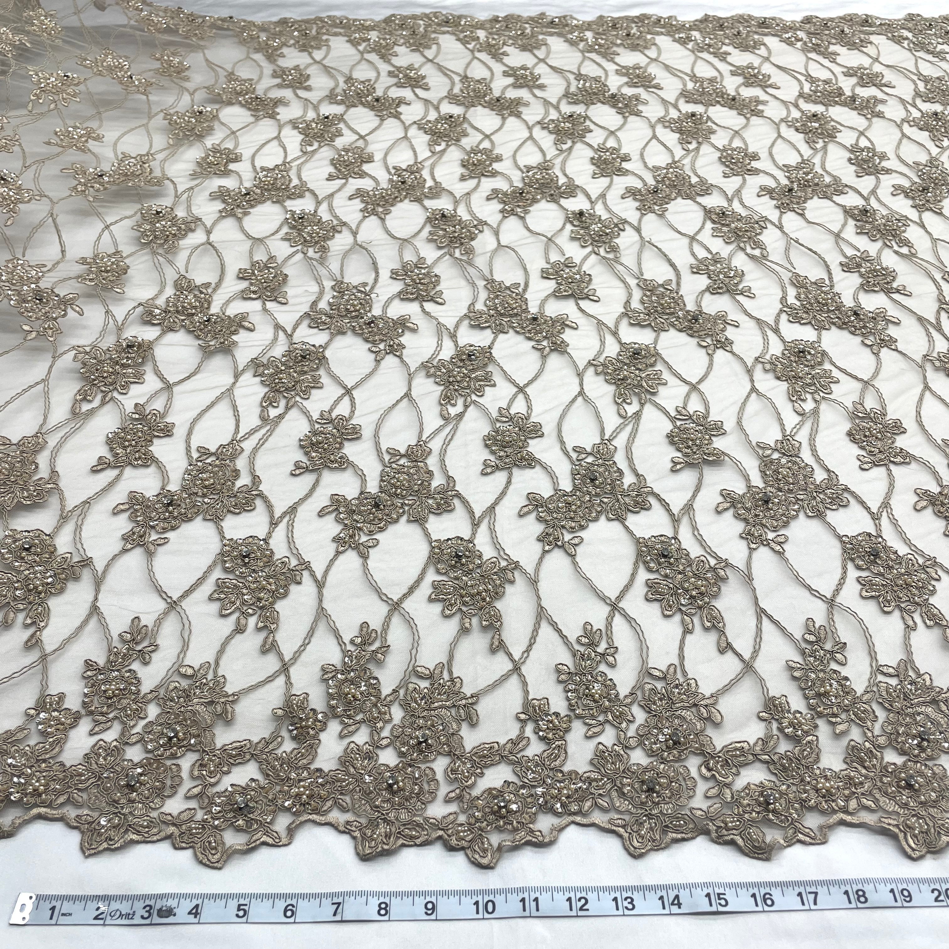 Beaded & Corded Bridal Fabric Lace Embroidered on 100% Polyester Net Mesh | Lace USA - GD-381